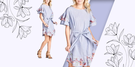 Floral Embroidery Knee Length Dress With Ruffles and Tie