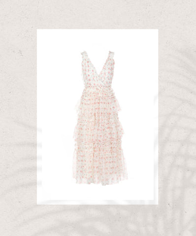Printed Mesh Long Dress with Frill Ruffle Detail