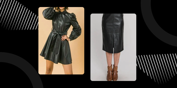 Black faux leather shirt dress and faux leather midi skirt women's