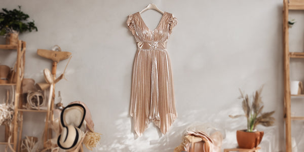 Metallic Pleated Long Dress - Rose Gold Metallic Dress