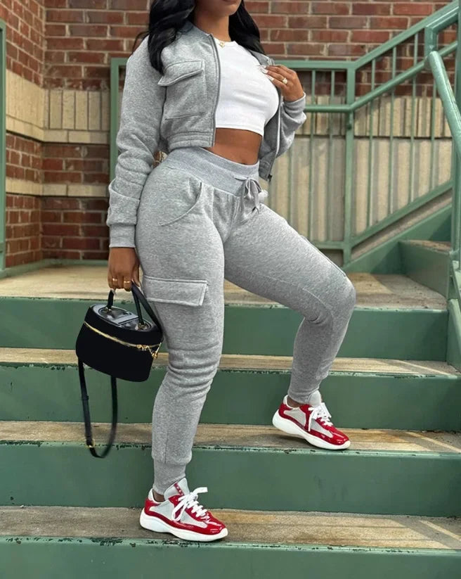 Trendy Crop Sweatshirt Jacket & Sweatpants Set