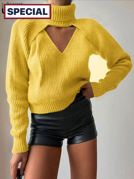 Trendy Yellow Hollow Out Turtleneck Sweater