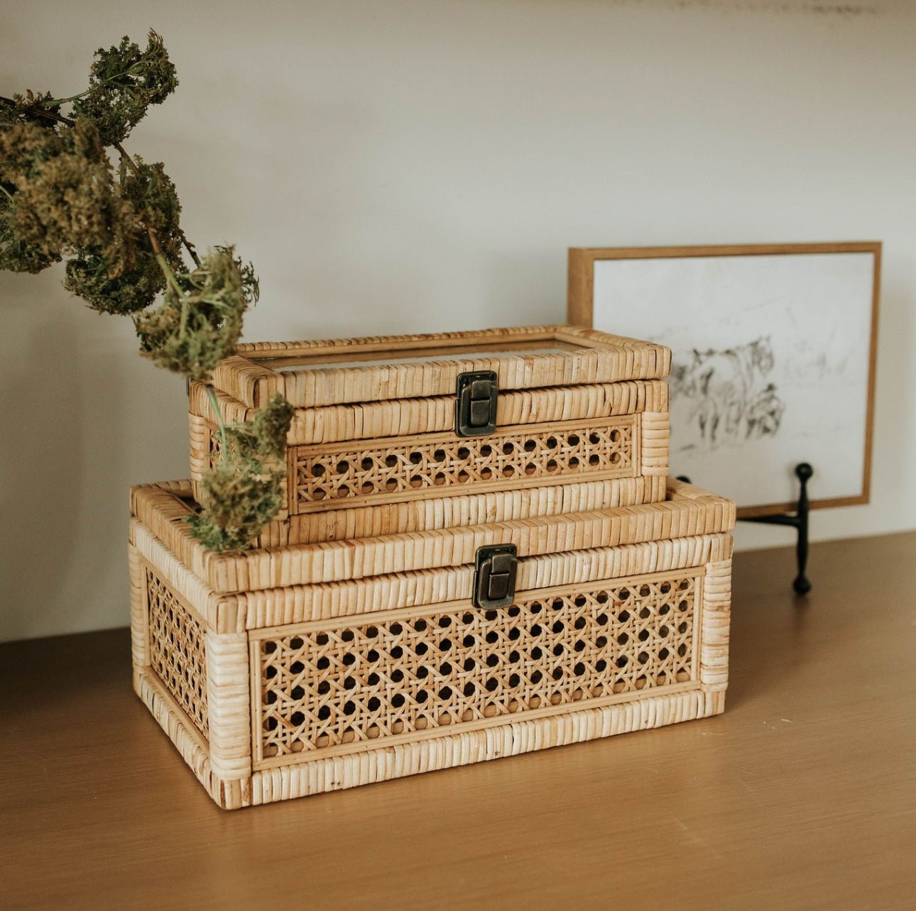 WOODEN RATTAN BOX SET