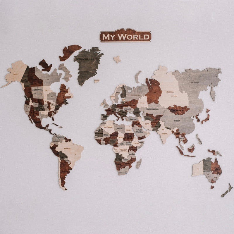 Billede af Flerfarvet verdenskort i træ til væg