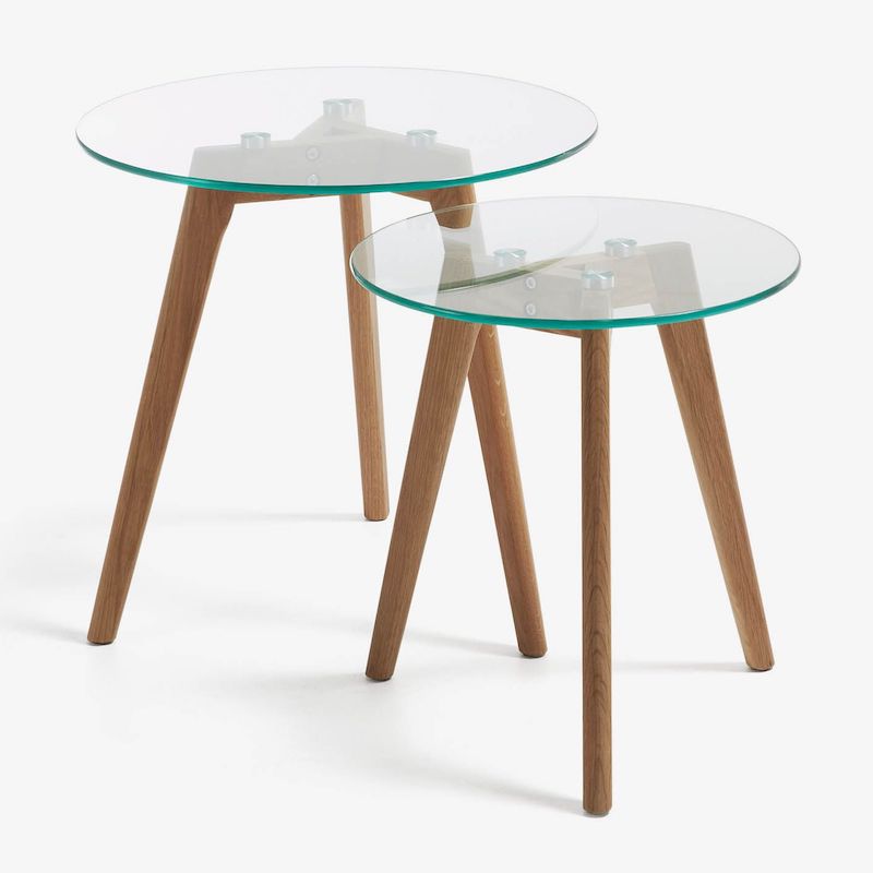 Billede af Kirb sofabordssæt med runde borde i egetræ/glas