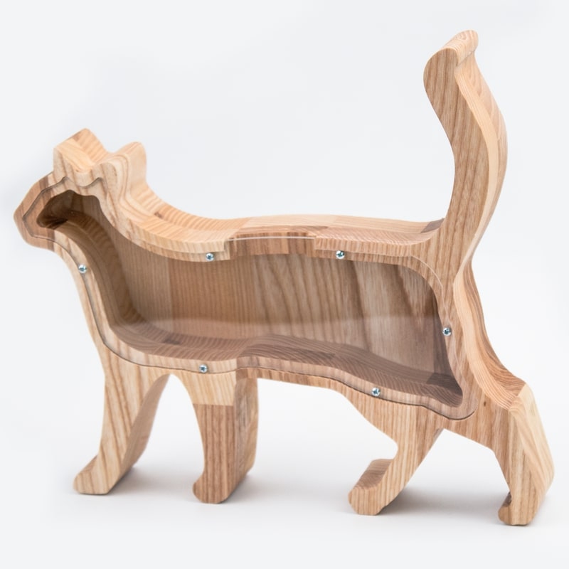 Billede af Sparebøsse kat i asketræ og plexiglas