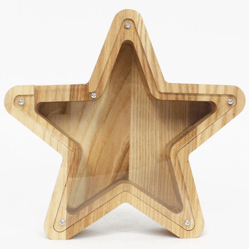Billede af Sparebøsse stjerne i asketræ og plexiglas