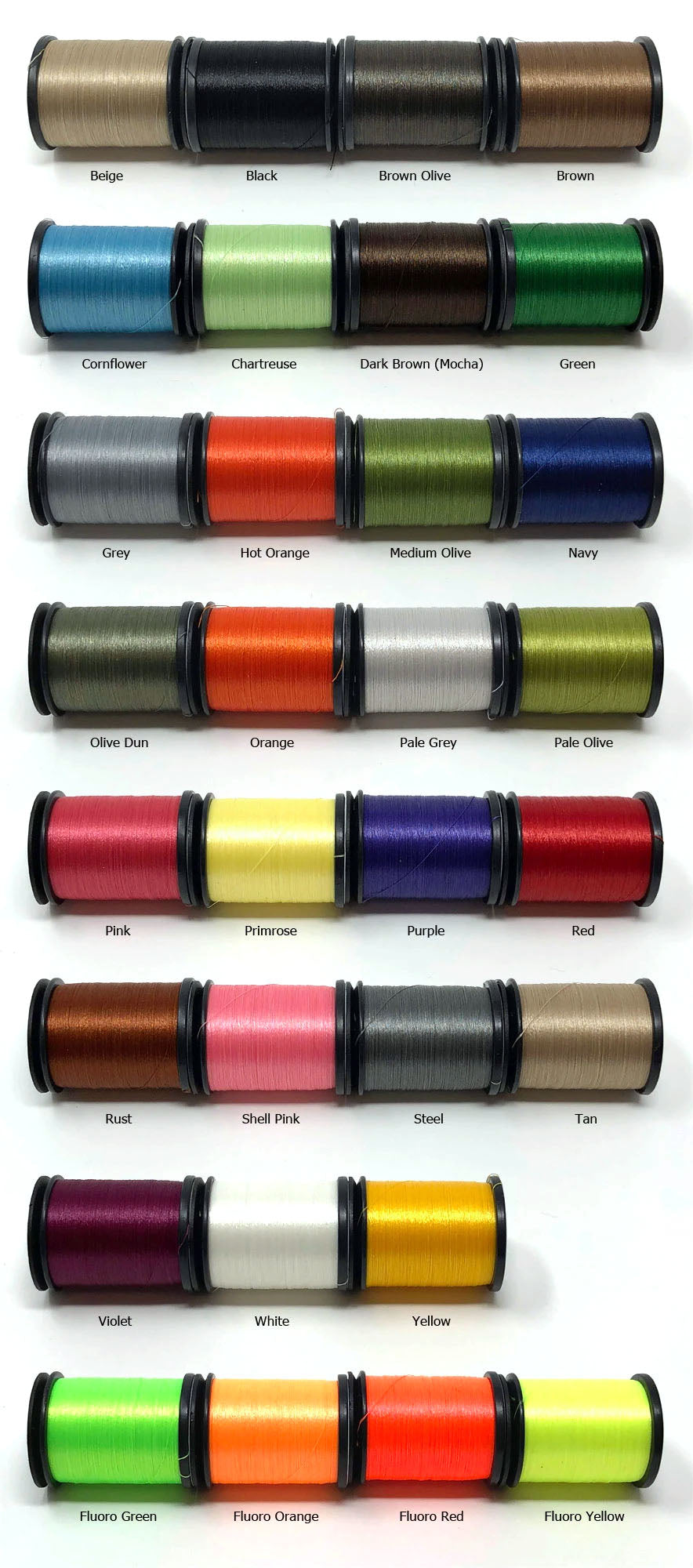 Image of the different colors available for Semperfli Classic Waxed Thread.