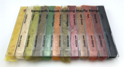 Back of the Semperfli Kapok Dubbing Dispenser (High-Floating) in the Mayfly Selection with the Names and SKUs of each color.