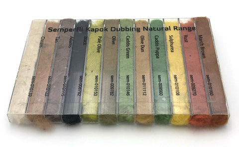 Image of the back of the Semperfli Kapock Dubbing Dispenser (High-Floating) in the Natural Selection with each color named.