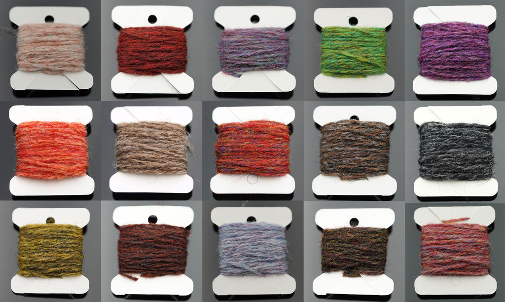Table showcasing each color option of the Jamieson's Shetland Spindrift Yarn offered by Moonlit Fly Fishing.