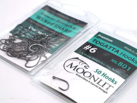 Picture of the Moonlit TOGATTA ML801 Premium Barbless Hooks (Made In Japan) with features: 1x strong, straight eye, carp, black nickel, and barbless.