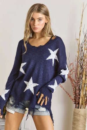 ADORA Distressed Star Sweater Top - Glamorous Boutique USA L.L.C.