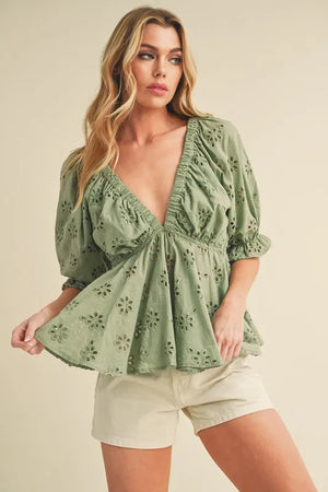 Aemi + Co Eyelet Embroidered V-Neck Half Sleeve Peplum Blouse - Glamorous Boutique USA L.L.C.