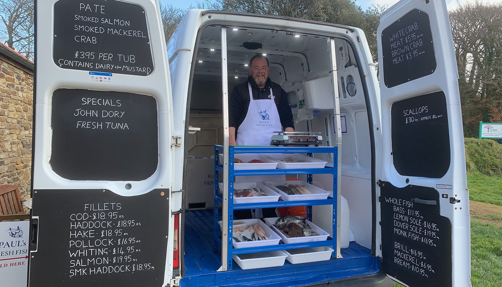 Paul's Fresh Fish, every Friday 10:00-14:00 outside Lobbs Farm Shop, Heligan, Cornwall