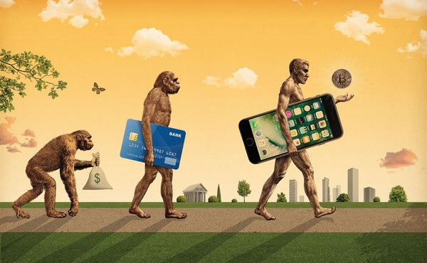 Evolution of trade and humans from cash/monkeys, cards/early humans and crypto/modern humans