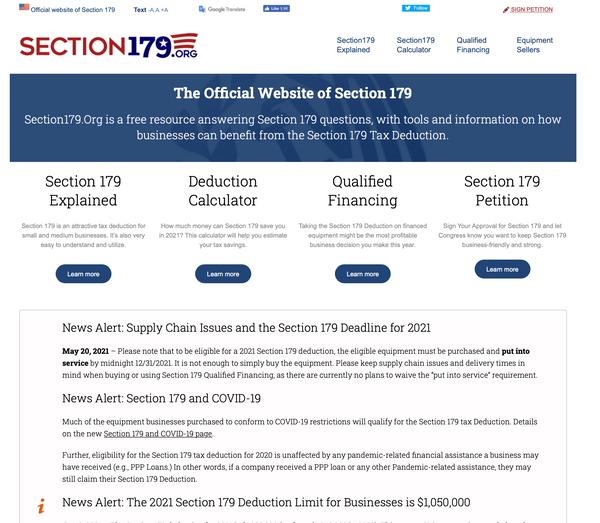 Screenshot of official Section 179 website.