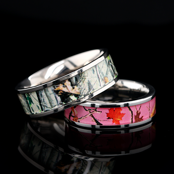 Titanium 2 Piece Pink CZ and Pink Camo Wedding Engagement Ring Set