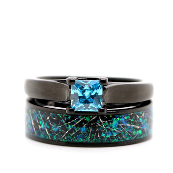 Blue Meteorite Engagement Wedding Rings Set