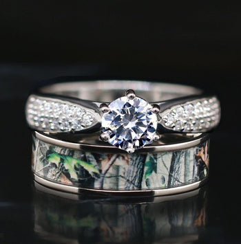 Blue Meteorite Engagement Wedding Rings Set