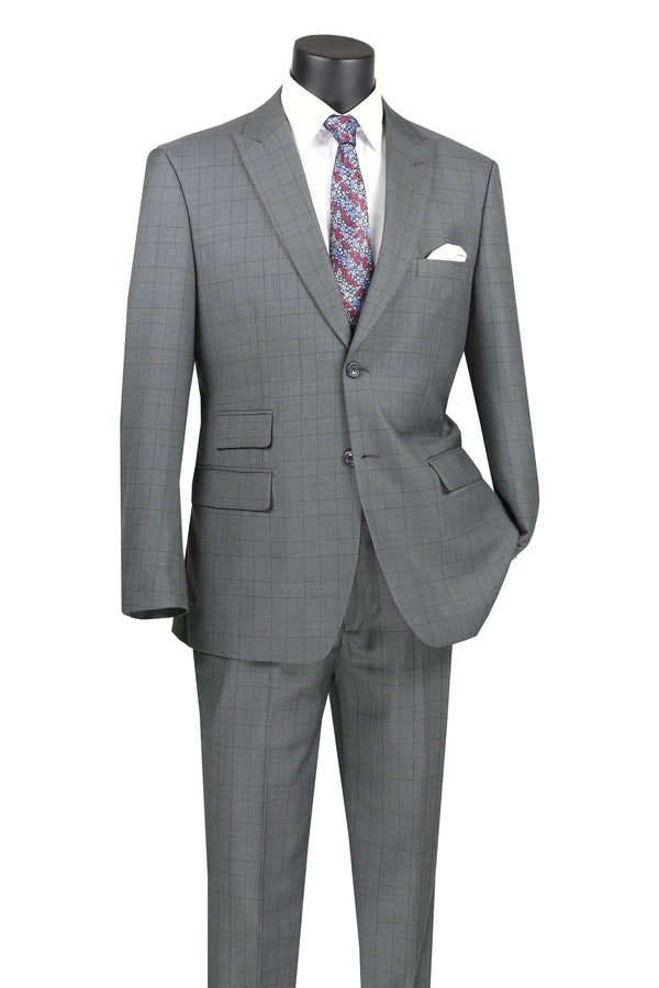 Blue Modern Fit Windowpane Peak Lapel 3 Piece Suit