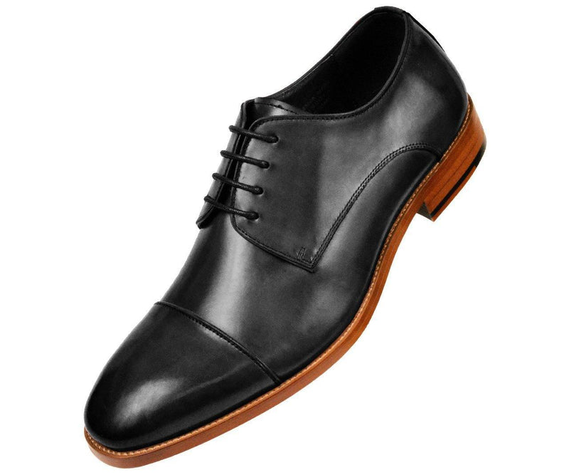 Leather Cap Toe Lace Up Oxford Dress Shoes with Wood Sole -Black ...