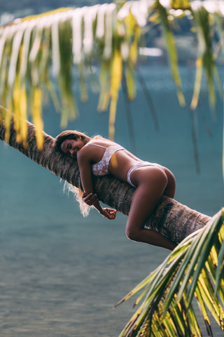 Woman in bikini laying on palm tree