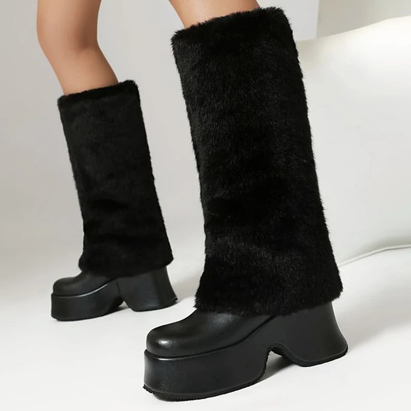 Trend4us Women's Faux Fur Platform Knee-High Boots