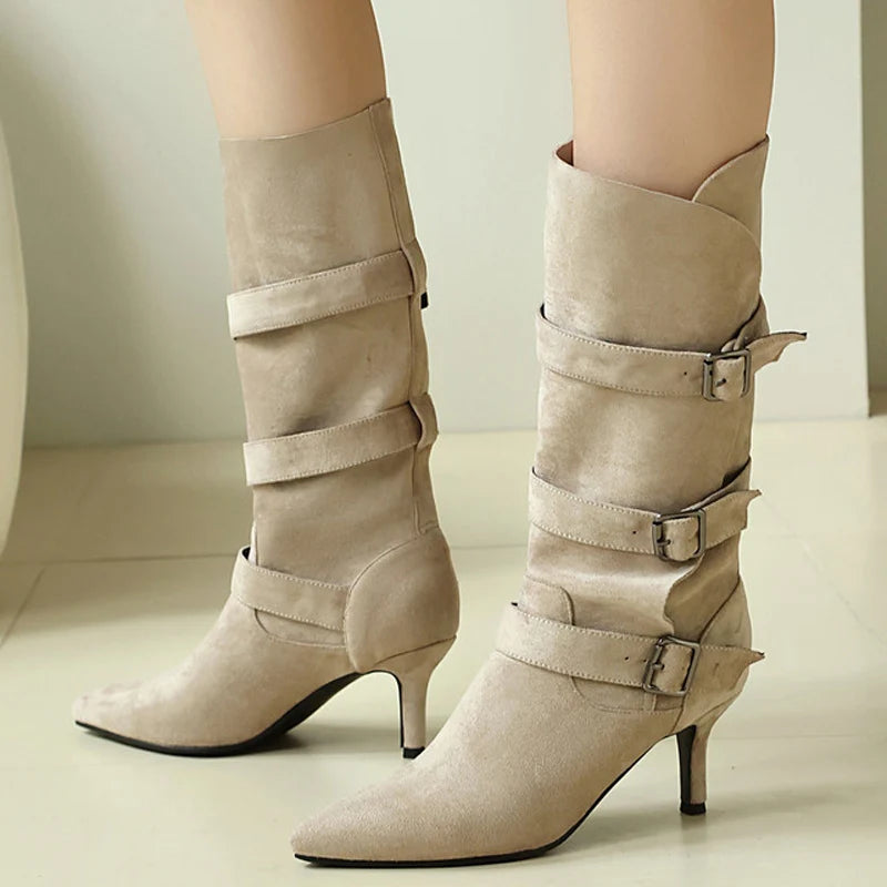 Trend4us Buckle Strap Suede Stiletto Mid-Calf Boots