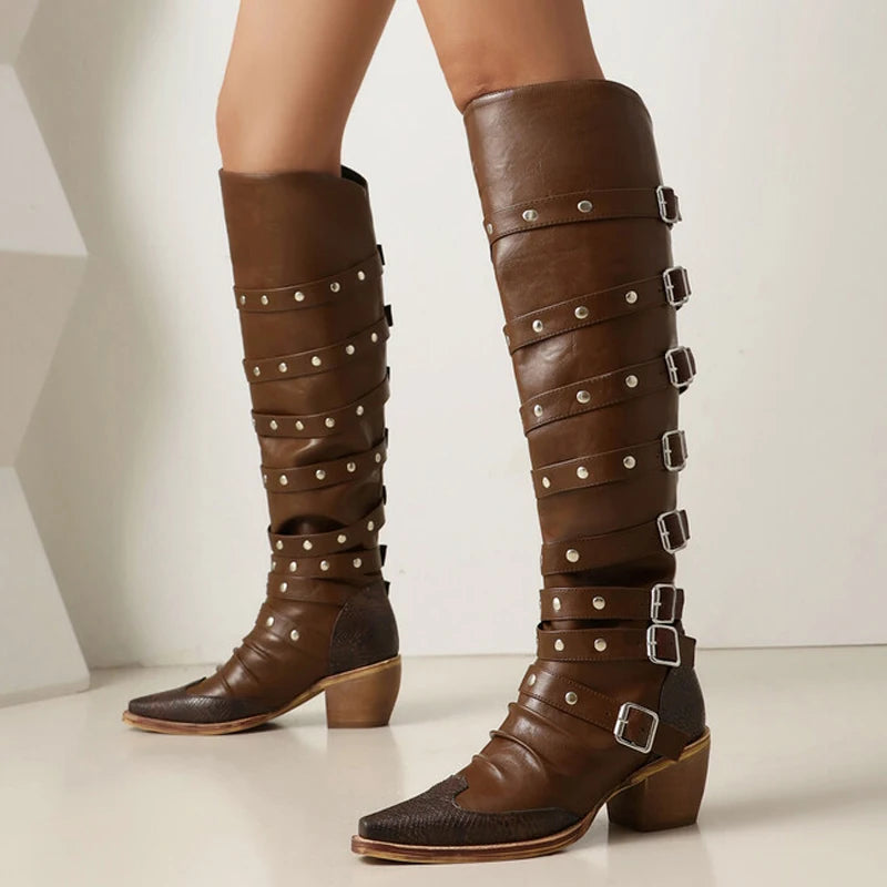 Trend4us Women's Stylish Western Knee-High Buckles Boots