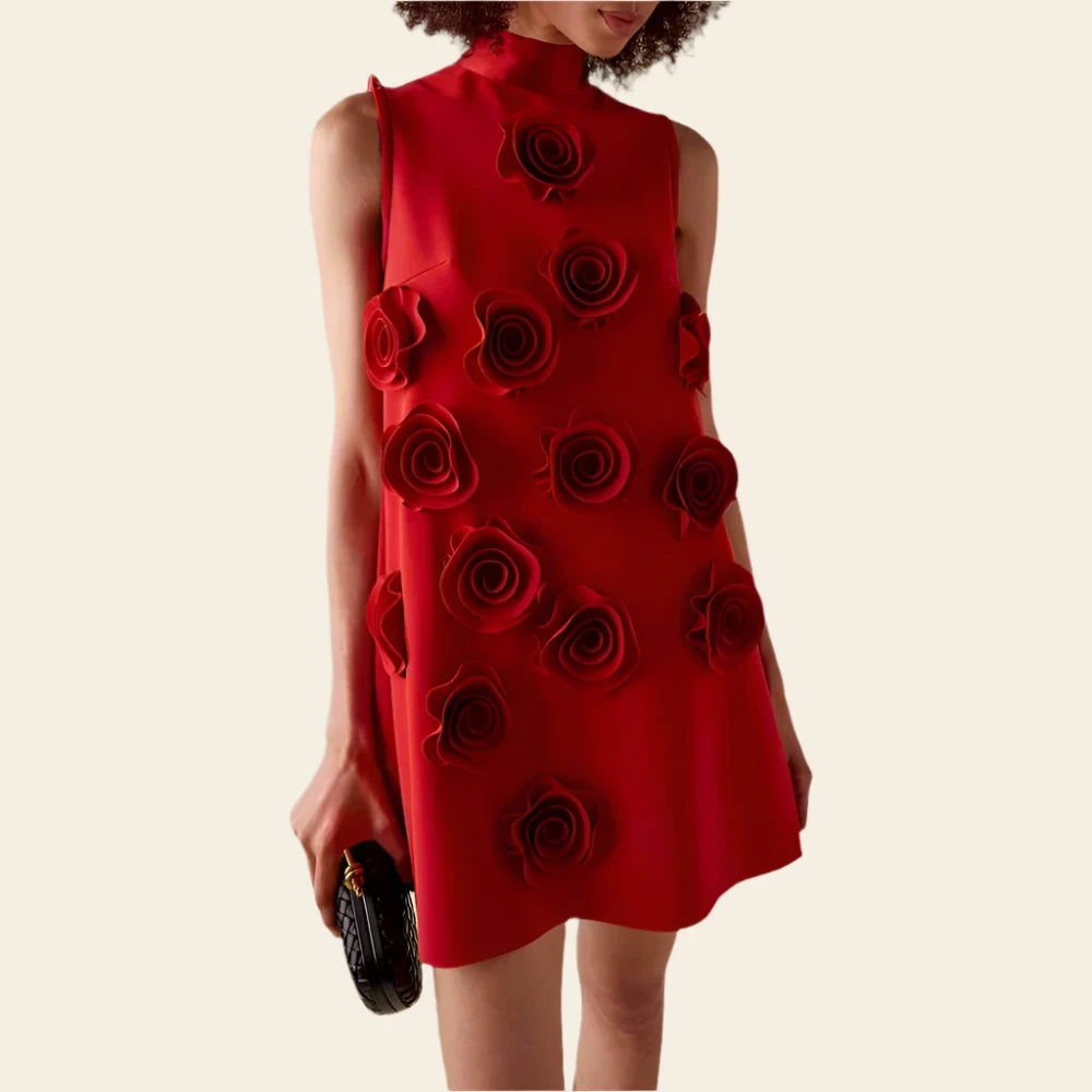 Trend4us Women's Chic 3D Rose Applique Mini Dress