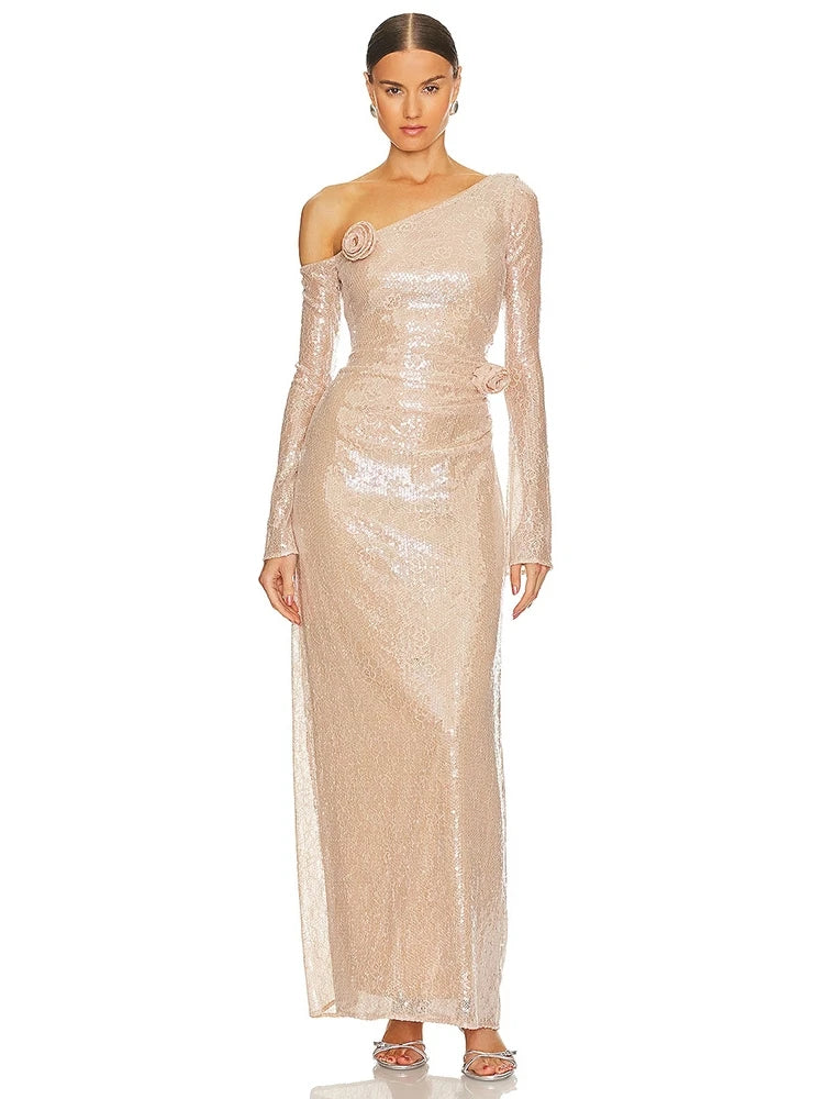 Trend4us One-Shoulder Sequin Rose-Accent Maxi Gown