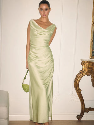 Trend4us Chic Draped Cowl Neck Ruched Maxi Dress - Trend4us