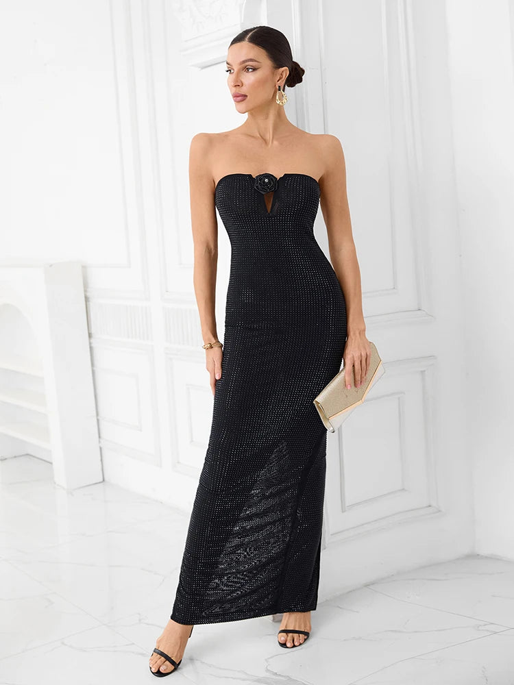 Trend4us Glam Strapless Rhinestone Rose Maxi Dress