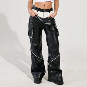 Trend4us Bold Contrast Faux Leather Cargo Pants - Trend4us