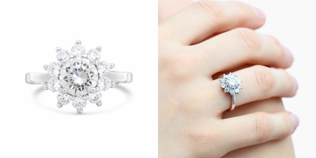 Satinski 1 carat moissanite flower silver resizable engagement ring