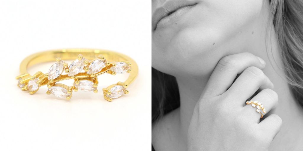 Resizable olive leaf wrap-around gold-plated silver stacking ring