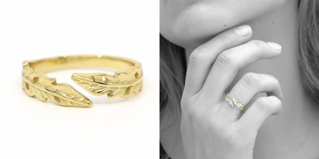 Satinski open hugging adjustable gold-plated leaf stacking ring