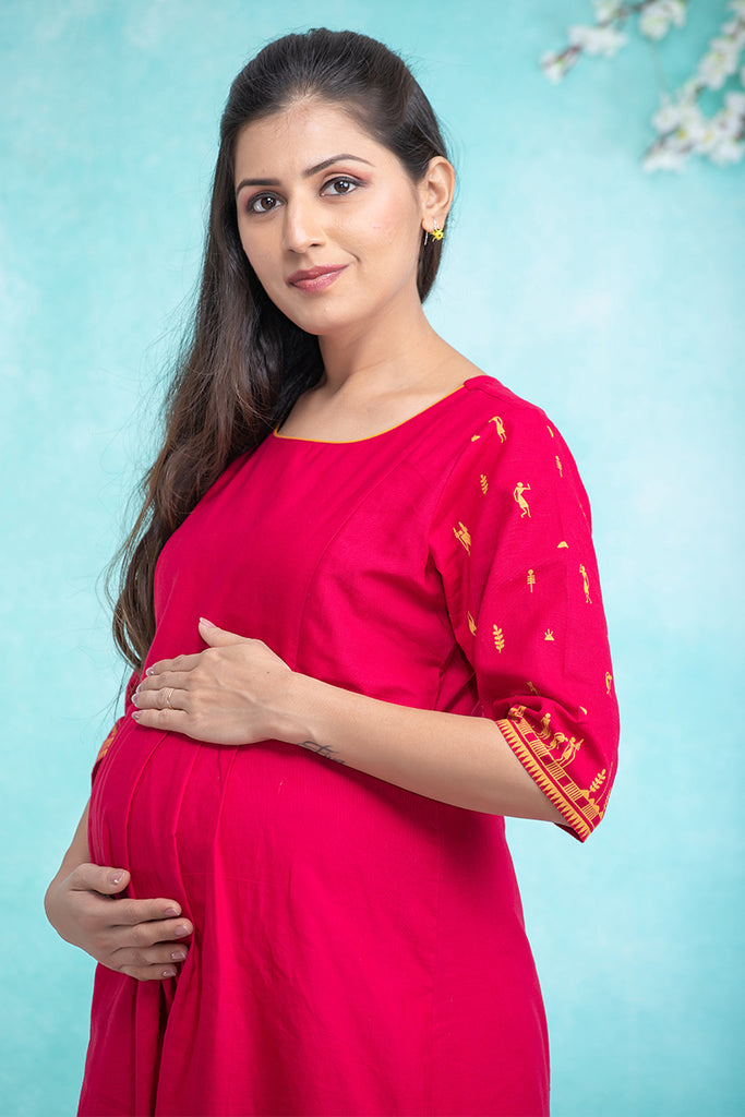 young-mother-solid-warli-art-printed-maternity-nursing-maxi-dress-5