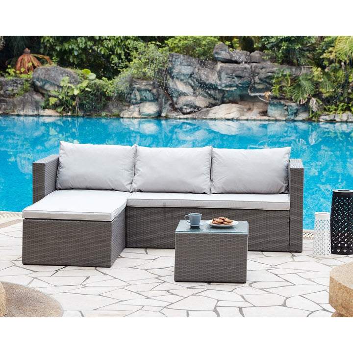 3 Seat L-Shaped Rattan Sofa Set - Outdoor Garden Furniture, Grey