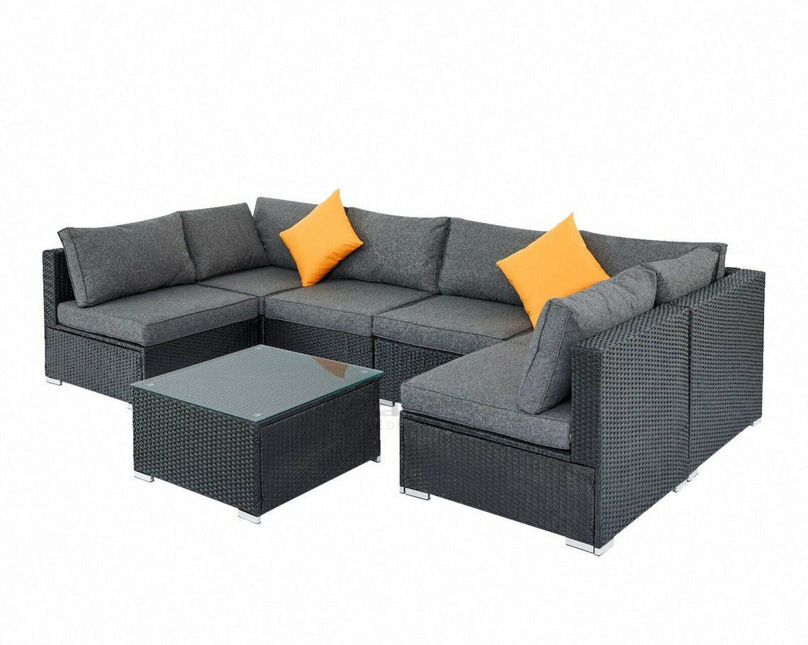 Black Rattan Sofa Garden Lounge Set with Grey Cushions – homedetail.co.uk
