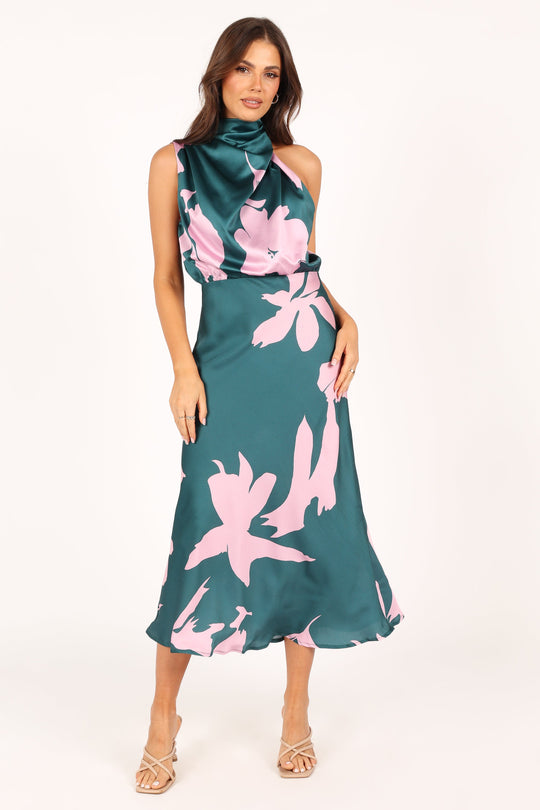 Shop Formal Dress - Anabelle Halter Neck Midi Dress - Green Pink featured image