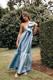 Siobhán Satin Ruffle Maxi Dress in Blue
