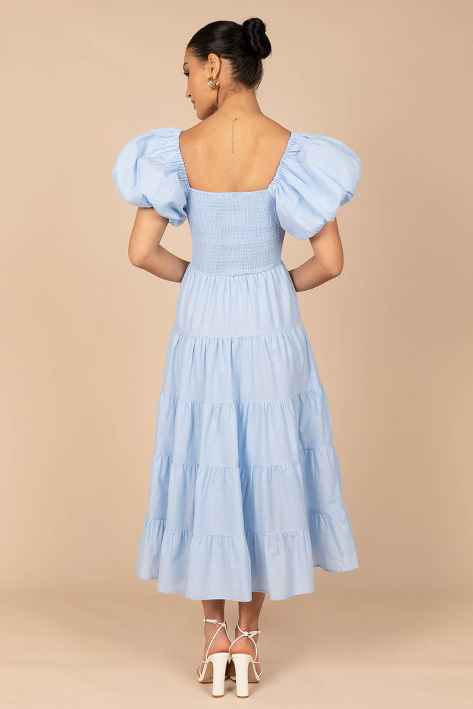 Annette Puff Sleeve Shirred Midi Dress - Cornflower Blue - Petal & Pup
