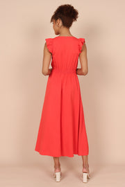 DRESSES @Cassatt Frill Cap Sleeve Maxi Dress - Red