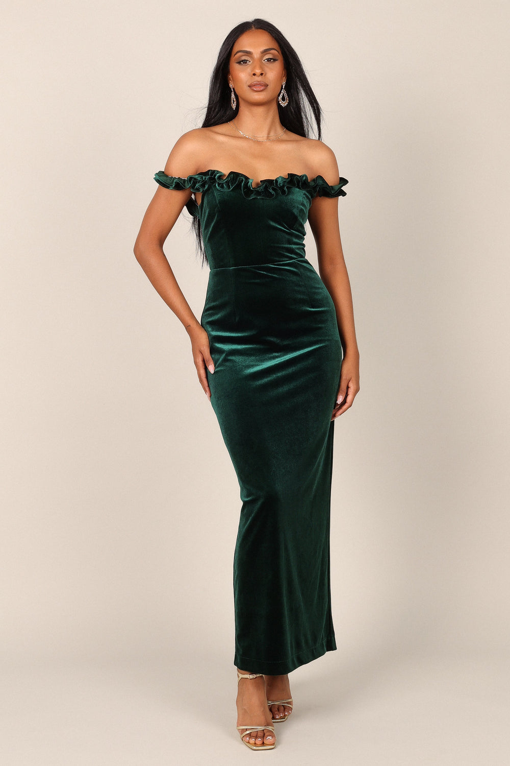 Celeste Off Shoulder Velvet Maxi Dress - Emerald - Petal & Pup