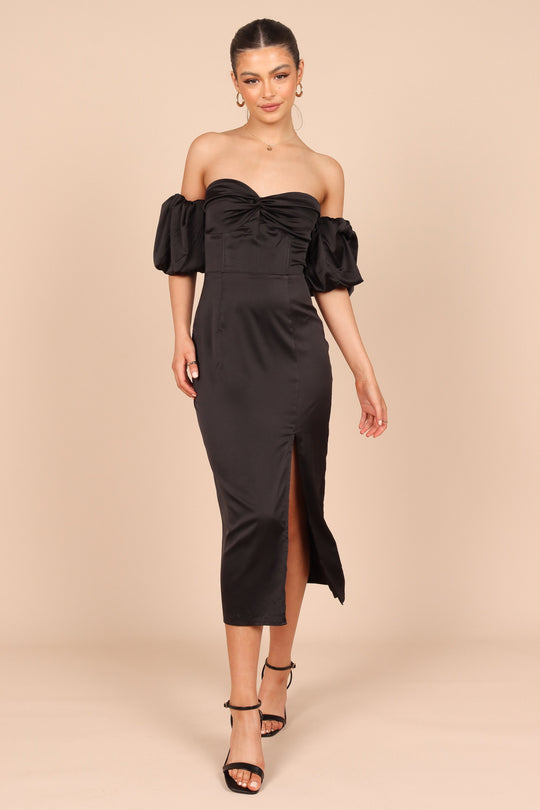 Shop Formal Dress - Dahlia Off Shoulder Puff Sleeve Midi Dress - Black featured image