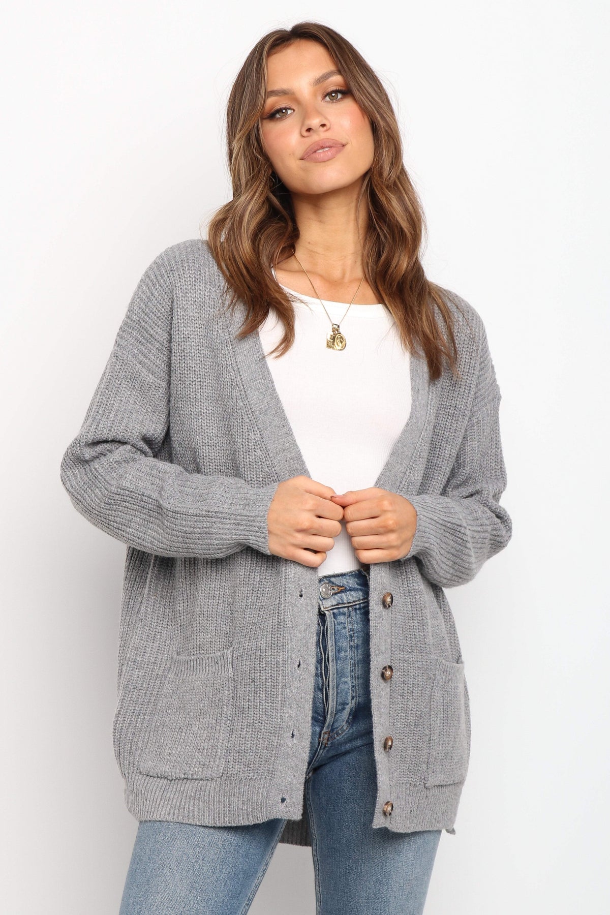 grey cardigan