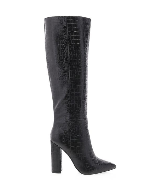 black croc effect block heel knee high boots