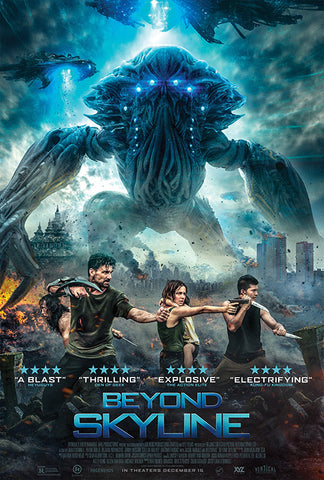 Beyond Skyline movie poster, collage of various movie elements including main characters with weapons, various enemy creatures and ships, and a burning city